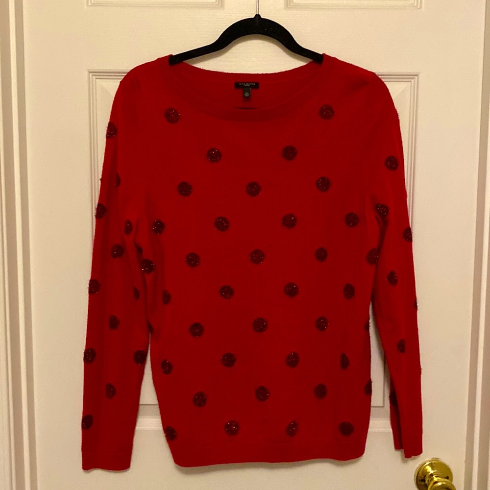 Talbots red sweater. With glitter circles - dress up or down. Size large petite